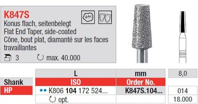 Edenta Lab K847S - Flat End Taper, side-coated, K-diamonds nástroj - 3 ks