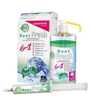 Dent Fresh Mint - zestaw startowy (płukanka zielona z olejkami) koncentrat w strzykawce 50 ml + butelka 1 l z dozownikiem