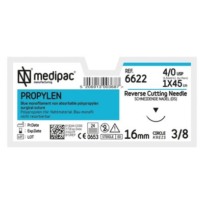 MEDIPAC Propylen - USP 4/0, EP 1.5, jehla řezná 3/8 - jehla 16 mm, délka 45 cm