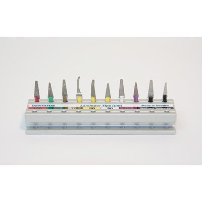 10 Lamineer Tips, sortiment, standardní a ostrá čepel, 1 Lamineer Tip stojánek s barevným schématickým diagramem