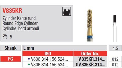 Edenta V835KR - DiaCut diamantové nástroje, krátky valec s oblým okrajom - 5 ks