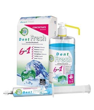 Dent Fresh Original - zestaw startowy (płukanka niebieska z chlorhexydyną) koncentrat w strzykawce 50 ml + butelka 1 l z dozownikiem