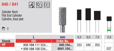 Edenta Lab 840/841 - Flat End Cylinder, diamantové nástroje - 3 ks