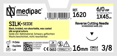 MEDIPAC Silk - USP 6/0, EP 0.7, jehla řezná 3/8 - jehla 16 mm, délka 45 cm