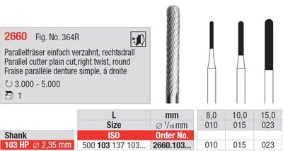Edenta Lab 2660 - TC nástroje, Parallel cutter plain cut, right twist, round - 1 ks