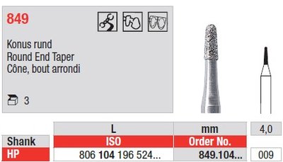 Edenta Lab 849 - Round End Taper, diamantový nástroj - 3 ks