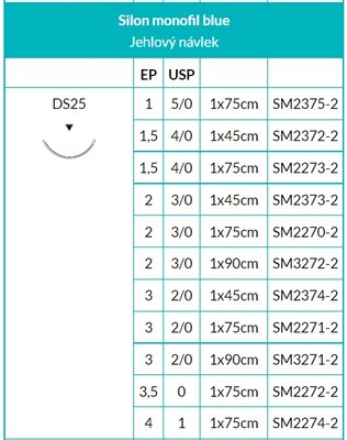 Silon monofil modrý DS25, 24 ks v balení - 4/0 (1,5) 45 cm DS25