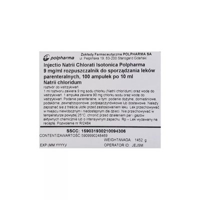 Sól Fizjologiczna (Natrum chloratum) 0,9% Polpharma rozt. do wstrzyk. 9mg/ml 100amp. po 10ml PL