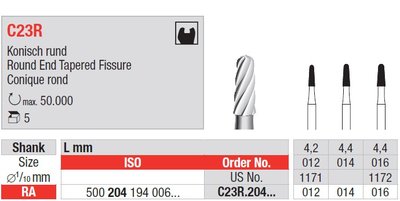 Edenta C23R - kónické ryhované vrtáky s oblým koncom - 5 ks