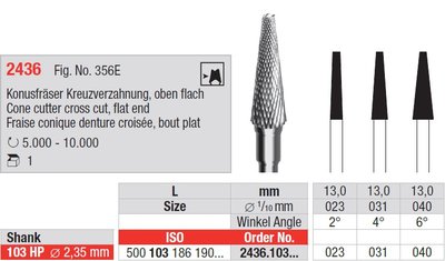 Edenta Lab 2436 - TC nástroje, Cone cutter cross cut, flat end - 1 ks