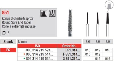 Edenta 851 - diamantové nástroje, kužeľ s bezpečným oblým koncom - 5 ks