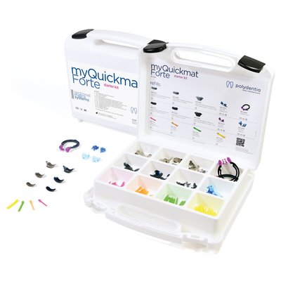 myQuickmat Forte Starter Kit - 2 x myRing Forte. 2 páry myTines small. 1 pár myTines medium. 1 pár myTines large. 10 x QuickmatFLEX Premolar 0.03/5 mm. 10 x QuickmatFLEX Molar 0.03/6.4 mm. 5 x QuickmatFLEX Molar Deep 0.03/6.4 mm s extenziou. 10 x LumiContrast Premolar 0.04/5 mm. 10 x LumiContrast Molar 0.04/6.4 mm. 4 x LumiContrast Molar Deep 0.04/6.4 mm s extenziou. 10 x myWedge extrasmall. 10 x myWedge small. 10 x myWedge medium 10 x myWedge large.
