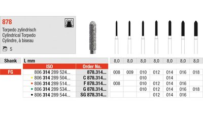 Diamanten 878 - Packung 5 Stück Standard, FG, Figur 289 Torpedo zylindrisch, 8 mm, ISO 012