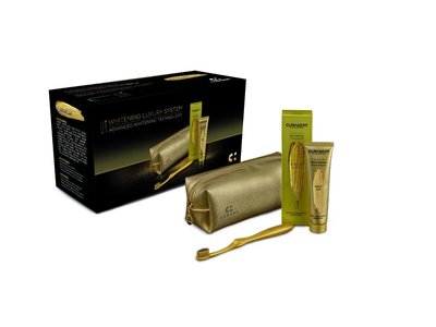CURASEPT Luxury Gold, peroxide, bělící zubní pasta 75 ml + zubní kartáček + cestovní taštička