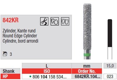 Edenta Lab 842KR - Round Edge Cylinder, diamantový nástroj - 3 ks