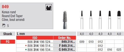 Edenta 849 - diamantové nástroje, extra krátky kužeľ s oblým koncom - 5 ks