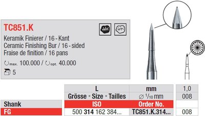 Edenta Lab TC851.K - TC nástroje, Ceramin Finishing Bur / 16-sided - 5 ks