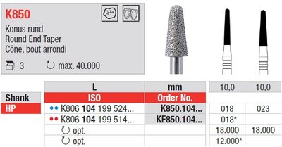 Edenta Lab K850 - Round End Taper, K-diamonds nástroje - 3 ks