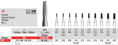 Edenta Lab 38 - oceľové nástroje, Tapered Fissure - 5 ks