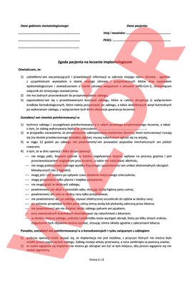 Zgoda pacjenta na leczenie implantologiczne 50 szt