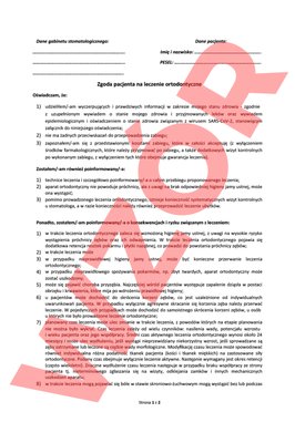 Zgoda pacjenta na leczenie ortodontyczne 50 szt.