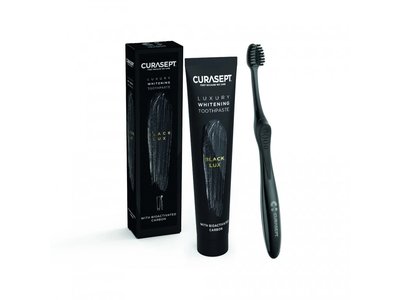 CURASEPT Luxury Black, bioaktivní uhlí, bělící zubní pasta 75 ml + zubní kartáček