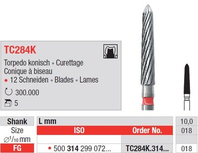 Edenta TC284K - dokončovací karbidový nástroj, dlhé kónické torpédo - 5 ks