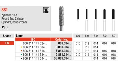 Diamanten 881 - Packung 5 Stück grün grob, FG, Figur 141 Zylinder rund, 6 mm, ISO 014