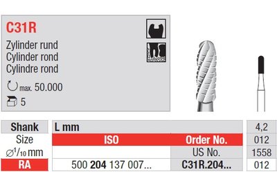 Edenta C31R - karbidový vrták, zaoblený valec+ - 5 ks