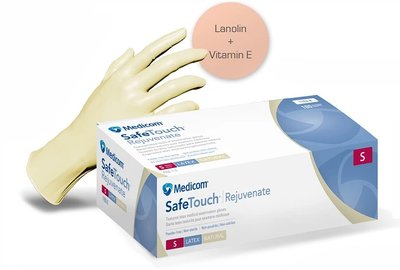RĘKAWICZKI LATEKSOWE BEZPUDROWE MEDICOM LANOLINA+WIT. E 100 SZT. SAFETOUCH CONNECT REJUVENATE - WARIANTY