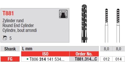 Edenta T881 - turbo diamantové nástroje, valec s oblým koncom - 5 ks