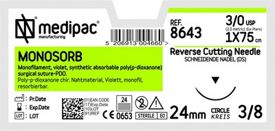 MEDIPAC MONOSORB - USP 3/0, EP 2.0, jehla řezná 3/8 - jehla 26 mm, délka 75 cm