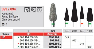 Edenta Lab 893/894 - Round End Taper, diamantové nástroje - 3 ks