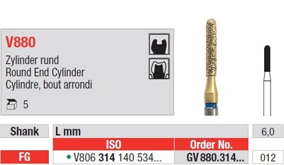 Edenta V880 - DiaCut diamantový nástroj, valec s oblým koncom - 5 ks