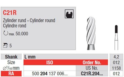 Edenta C21R - karbidový vrták, zaoblený valec - 5 ks