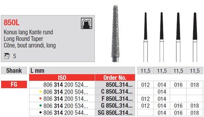 Edenta 850L - diamantové nástroje, extra dlhý kužeľ s oblým koncom - 5 ks