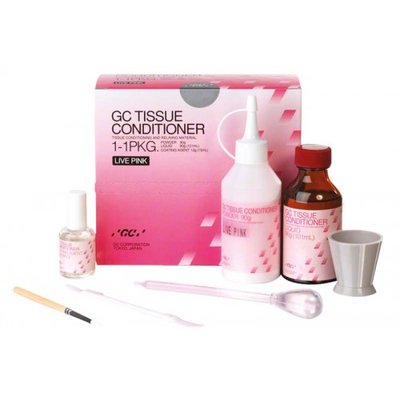 GC Tissue Conditioner 1-1 Pack Live Pink, (90 g Powder, 101 ml Liquid, 15 ml Coating, Acces)