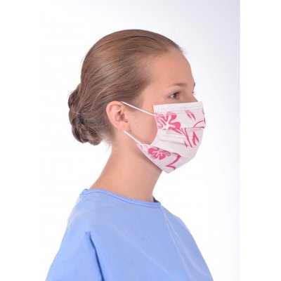 Chirurgická obličejová maska 3 vrstvé ústenky s gumičkou - růžové květy, 50 ks
