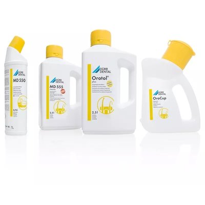 Orotol Basic Set - 1 x 2.5 l Orotol Plus. 1 x 2.5 l MD 555. 1 x 750 ml MD 550. 1 x OroCup