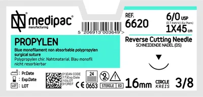 MEDIPAC Propylen - USP 6/0, EP 0.7, jehla řezná 3/8 - jehla 16 mm, délka 45 cm
