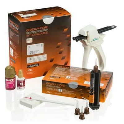 GC Gradia Core Intro Pack - 20 g (10 ml). 5 ml G–Premio Bond. 3 ml G–Premio Bond DCA. 20 x míchací koncovky. 20 x intraorální špičky. 1 x Gradia Core Cartridge dispenzer. příslušenství.
