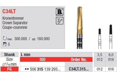 Edenta C34LT - karbidové nástroje na separáciu koruniek, dlhé - 5 ks