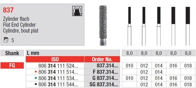 Edenta 837 - diamantové nástroje, valec s plochým koncom - 5 ks