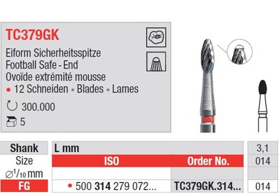 Edenta TC379GK - dokončovací karbidový nástroj, rugby lopta s bezpečným koncom - 5 ks