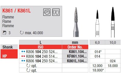 Edenta Lab K861/K861L - Flamme, K-diamonds nástroje - 3 ks
