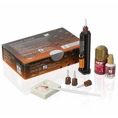 GC Gradia Core Kit - 20 g (10 ml). 5 ml G–Premio Bond. 20 x míchací koncovky. 20 x intraorální špičky. 3 ml G–premio Bond DCA. příslušenství