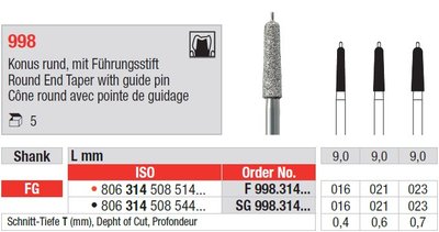 Edenta 998 a 998 VKP - diamantové nástroje, zúžený kužeľ s oblým koncom s vodiacim pinom - 5 ks