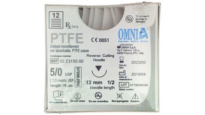 PTFE Nahtmaterial - Packung 12 Stück 75 cm, 1/2 Kreis, rund, diamantiert, 10 mm, USP 6/0