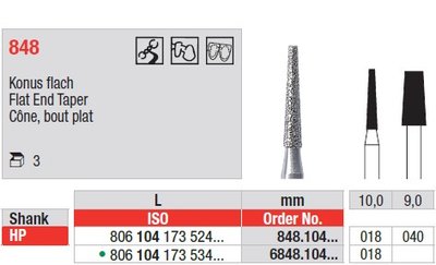 Edenta Lab 848 - Flat End Taper, diamantové nástroje - 3 ks