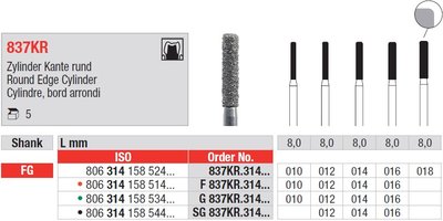 Edenta 837KR - diamantové nástroje, valec s oblým okrajom - 5 ks